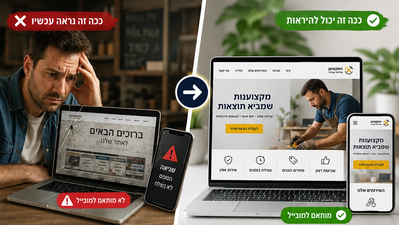 המחשה של אתר בעייתי לצד אתר מתוקן ומותאם למחשב ולטלפון